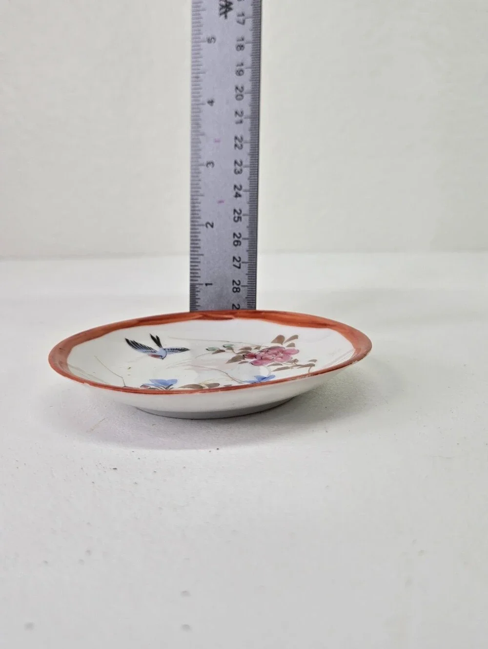 Antique Japanese Kutani Porcelain Small Dish Bird Floral Red Rim Saucer Plate